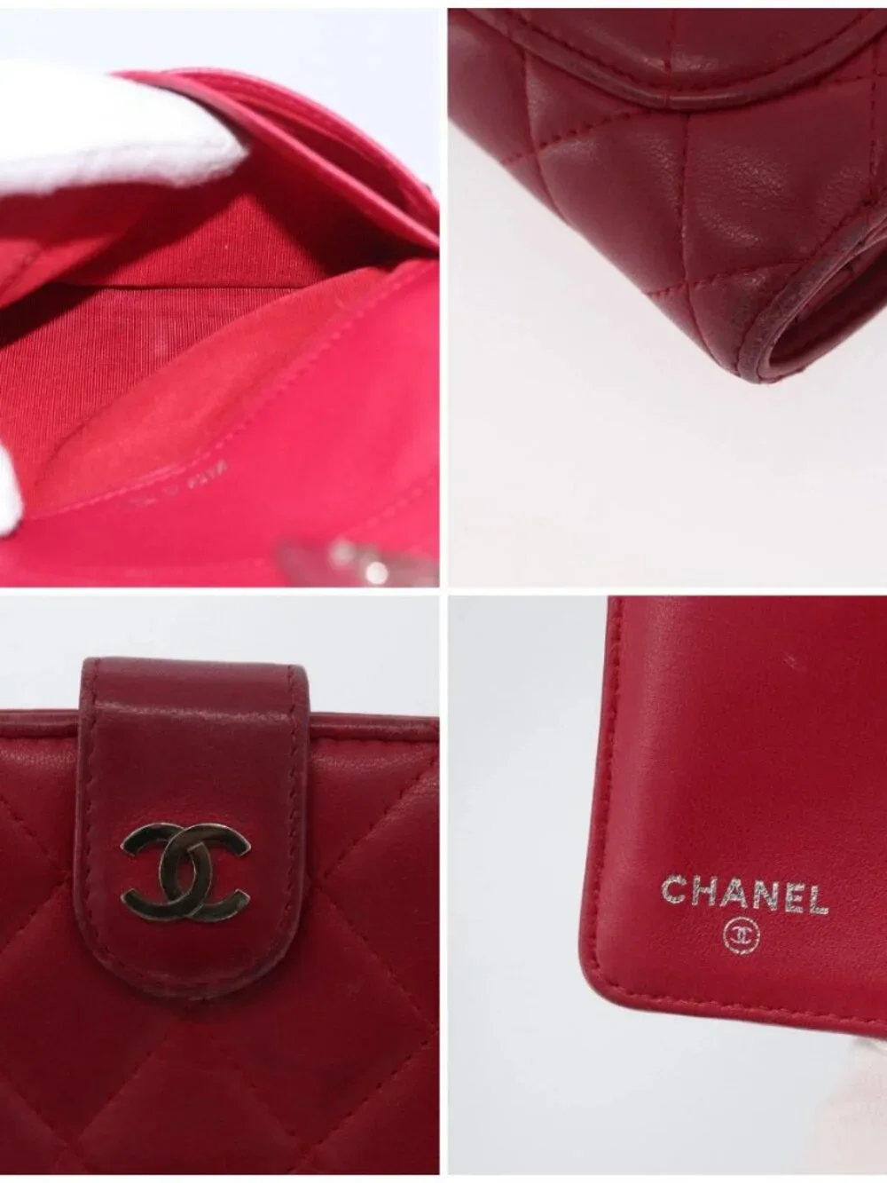 CHANEL Matelasse Bifold Wallet Lamb Skin Red Silver CC Auth YKZ104